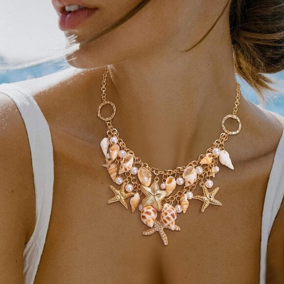 🆕 Women Gold Starfish Natural Seashell Choker Collar Necklace Handmade Jewelry - Picture 4 of 7